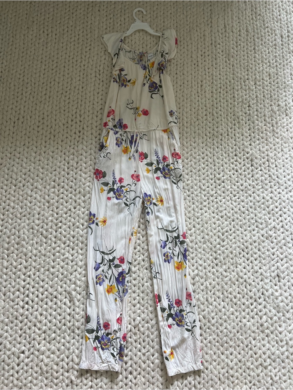 Old Navy White Floral Jumpsuit with Pink, Purple & Yellow Blooms